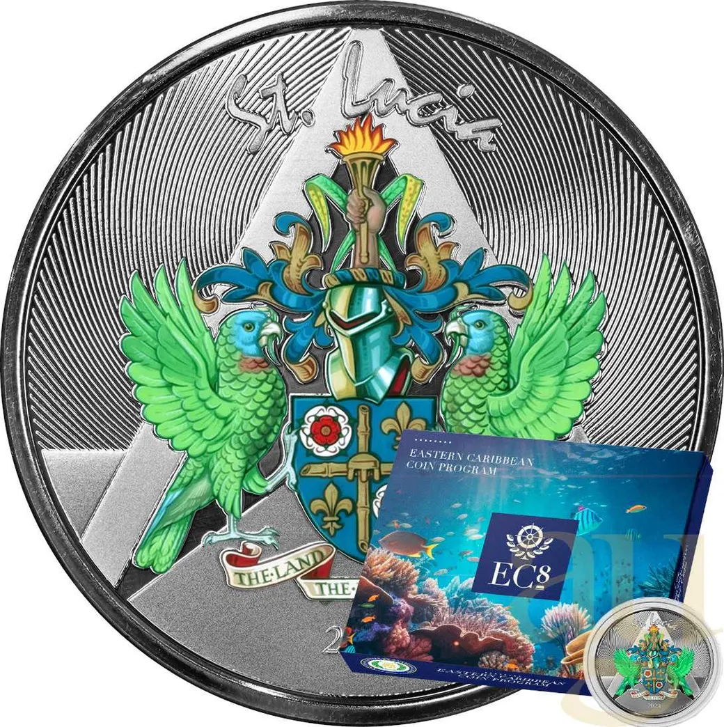 1 Unze Silbermünze EC8 St.Lucia - Coat of Arms 2023 - coloriert
