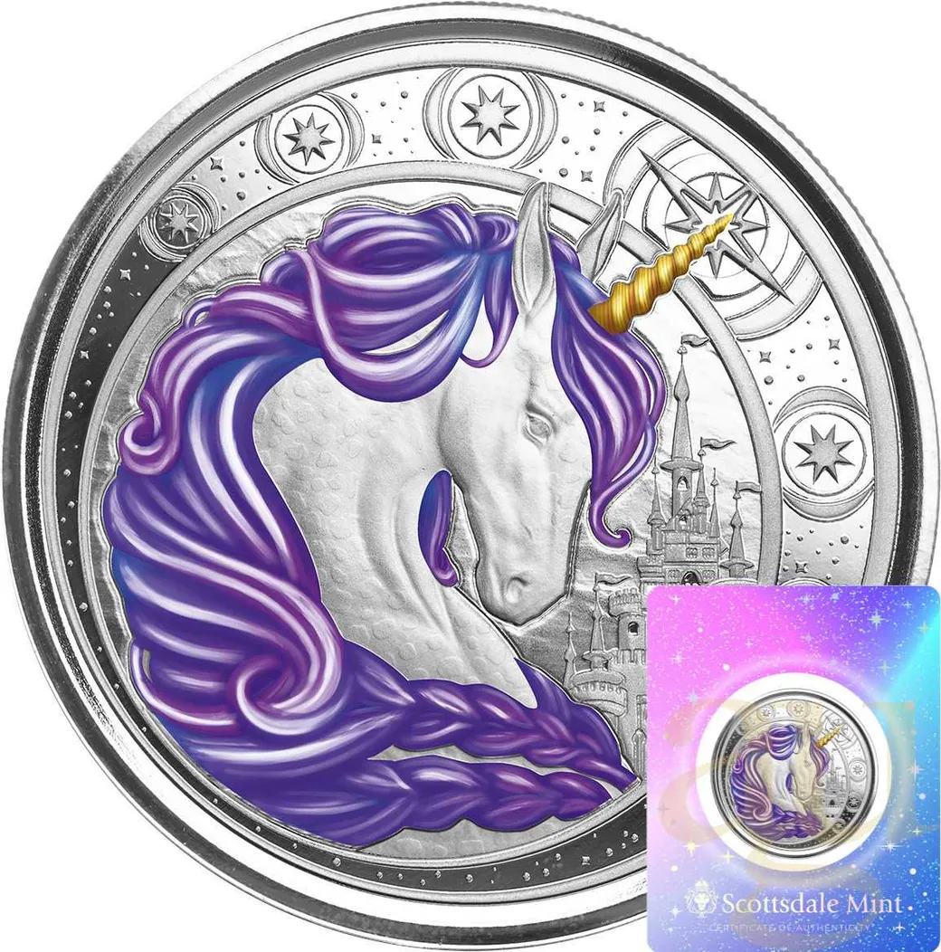 1 Unze Silbermünze Afrika Ghana Unicorn 2023 -  lila coloriert