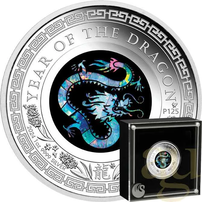 1 Unze Silbermünze Australien Lunar III Opal Drache 2024 - polierte platte