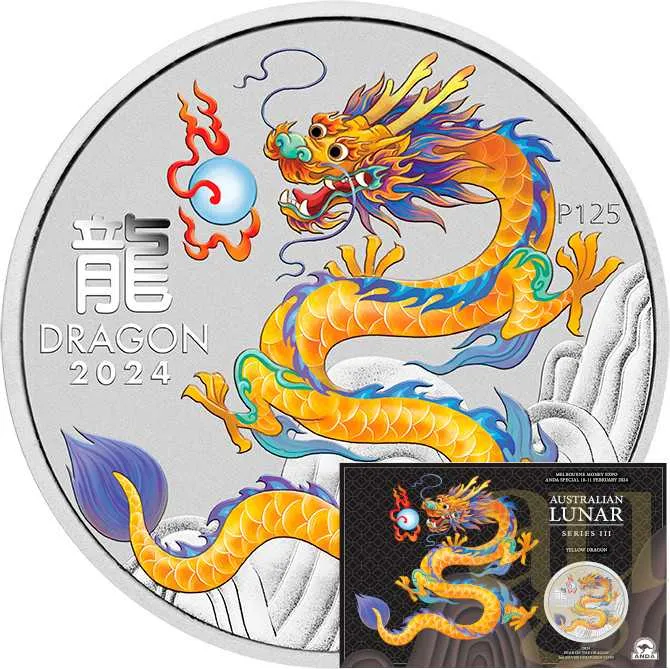 1 Unze Silbermünze Australien Lunar III Drache 2024 ANDA Special coloriert - Coincard