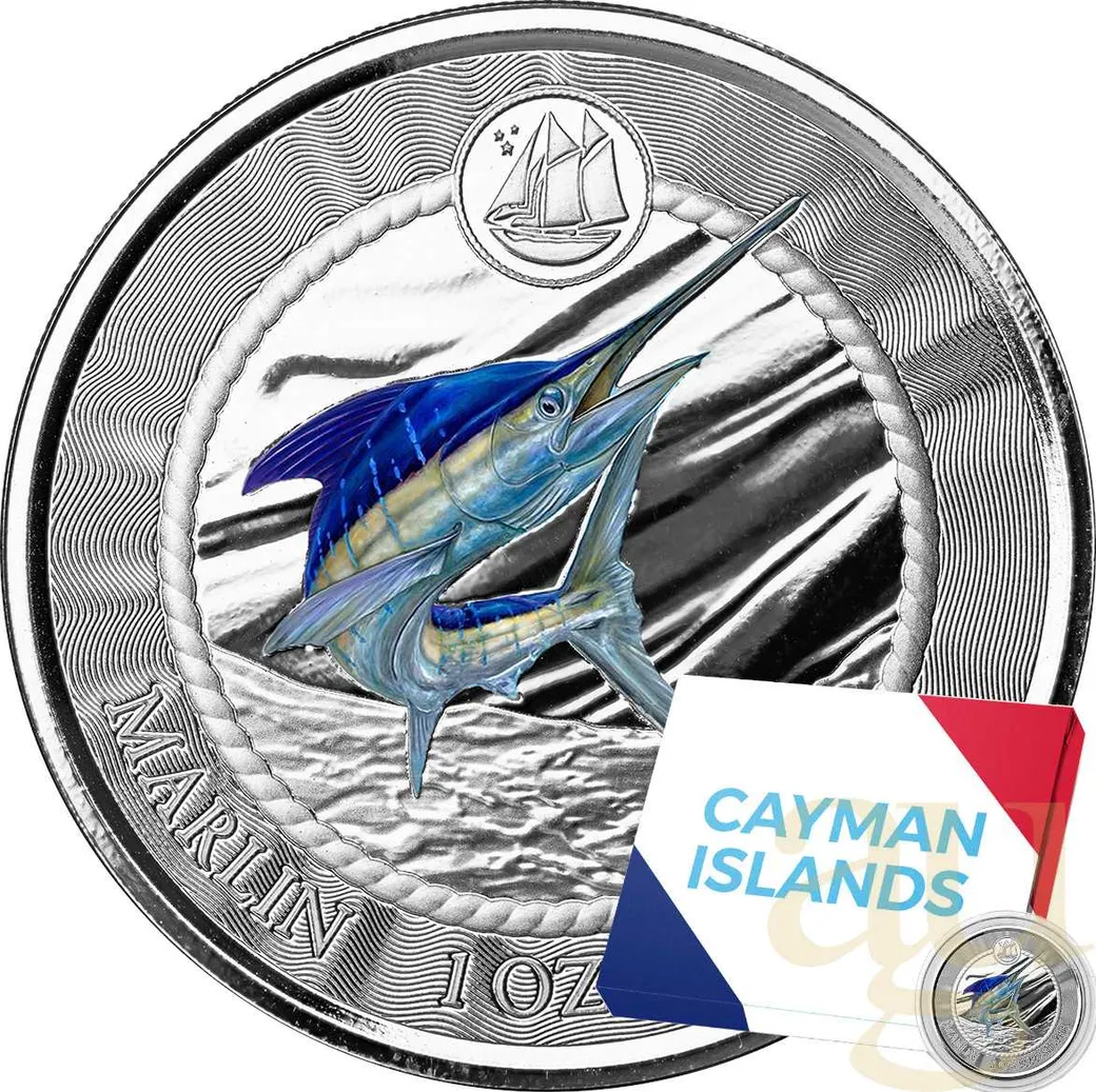 1 Unze Silbermünze Cayman Islands Marlin Speerfisch 2023 - Coloriert