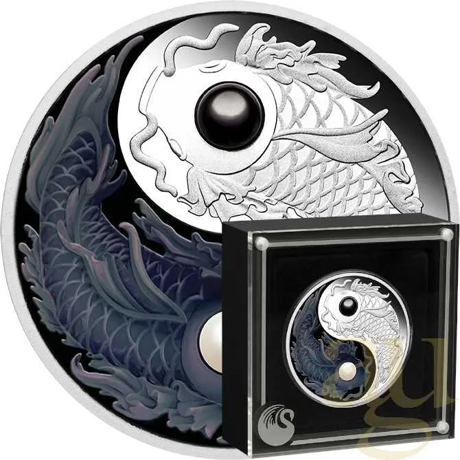 5 Unzen Silbermünze Australien Yin Yang Koi 2024 - polierte Platte - coloriert