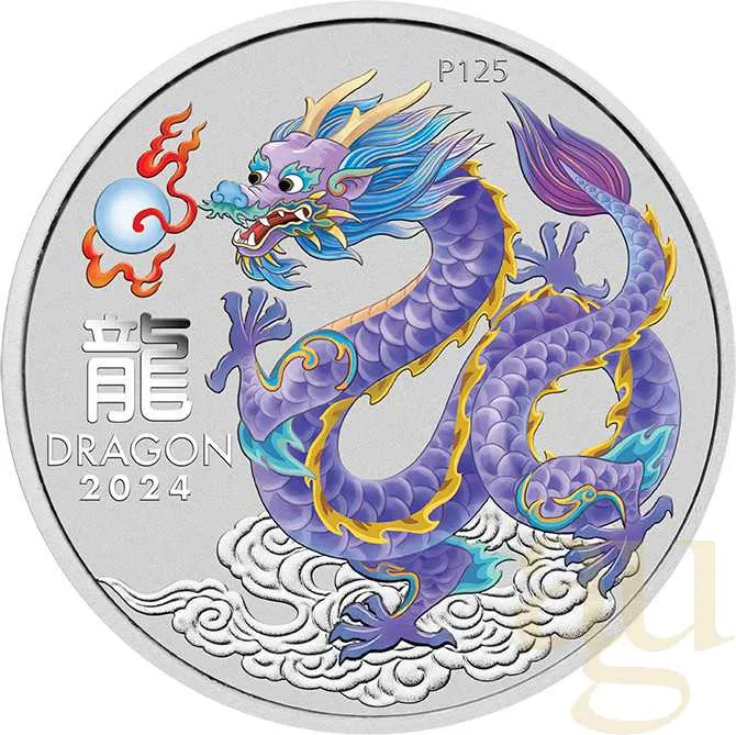 1/2 Unze Silbermünze Australien Lunar III Drache 2024 - violett coloriert