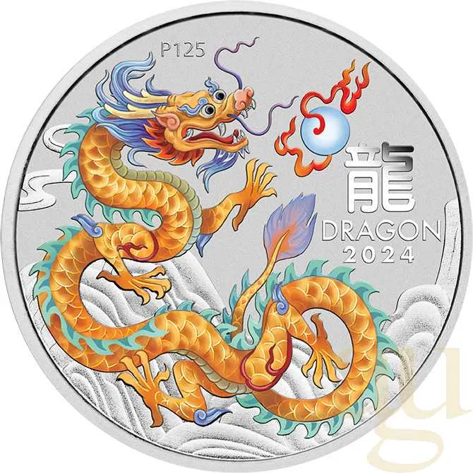 1/2 Unze Silbermünze Australien Lunar III Drache 2024 - orange coloriert