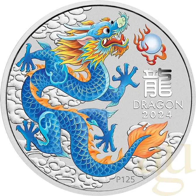 1/2 Unze Silbermünze Australien Lunar III Drache 2024 - blau coloriert