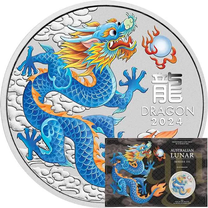 1 Unze Silbermünze Australien Lunar III Drache 2024 blau coloriert - Coincard
