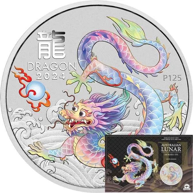 1 Unze Silbermünze Australien Lunar III Drache 2024 ANDA Special weiß coloriert - Coincard
