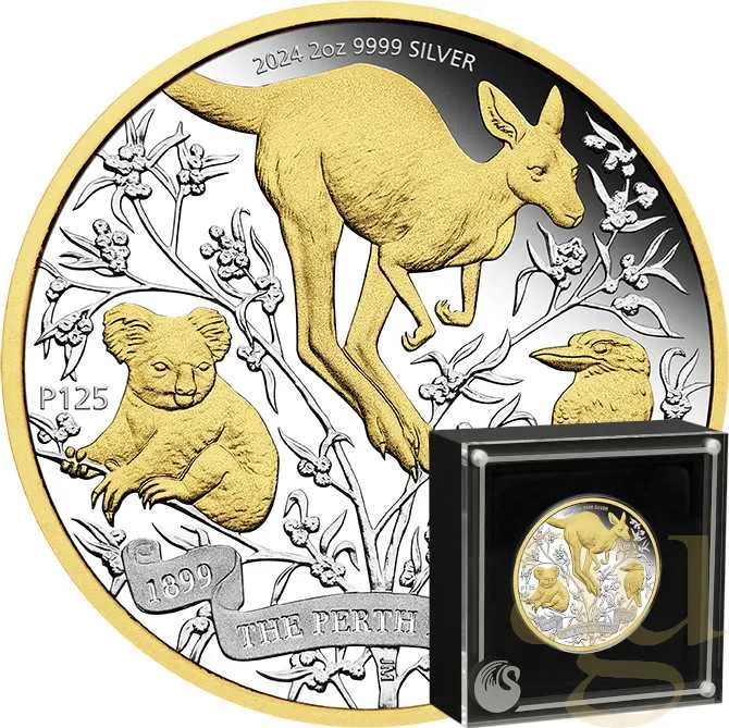 2 Unze Silbermünze Australien 125 Jahre Perth Mint 2024 teilvergoldet - polierte Platte