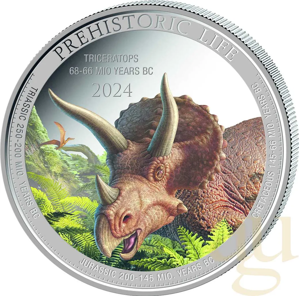 1 Unze Silbermünze Prehistoric Life II - Triceratops 2024 coloriert