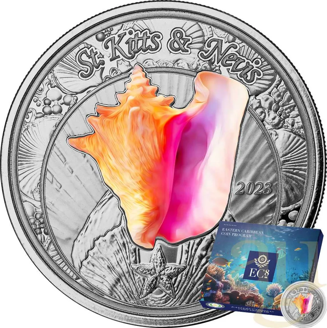 1 Unze Silbermünze EC8 St. Kitts & Nevis - Conch Shell 2023 - coloriert