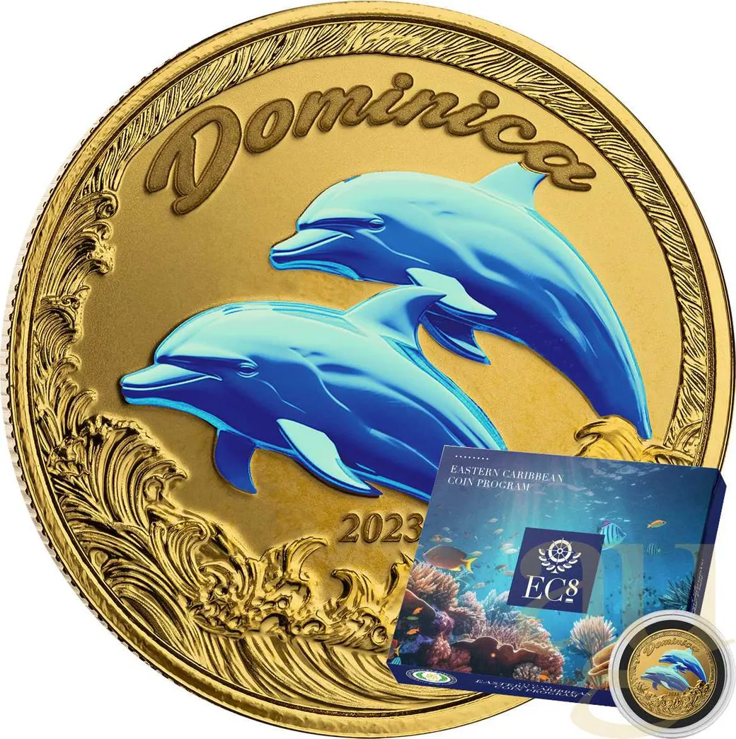 1 Unze Goldmünze EC8 Dominica - Delfin 2023 - coloriert