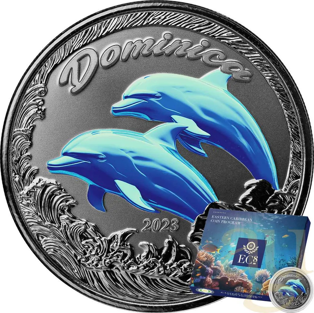 1 Unze Silbermünze EC8 Dominica - Delfin 2023 - coloriert