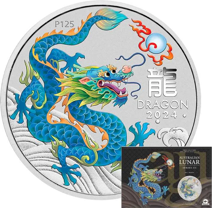 1 Unze Silbermünze Australien Lunar III Drache 2024 ANDA Special petrol coloriert - Coincard