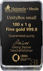 100 x 1 Gramm Goldbarren Heimerle + Meule UnityBox