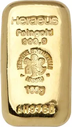 100 Gramm Goldbarren Heraeus Gussbarren