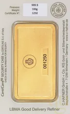 100 Gramm Goldbarren C. Hafner