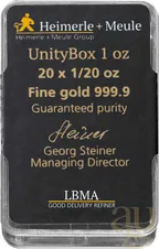 20 x 1/20 Unze Goldbarren Heimerle + Meule Unity Box