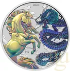 1 Unze Silbermünze Australien Chinese Myths and Legends Dragon and Horse 2026 - Gelb/Blau coloriert