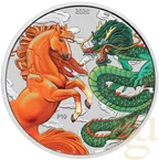 1 Unze Silbermünze Australien Chinese Myths and Legends Dragon and Horse 2026 - Rot/Grün coloriert