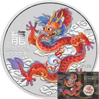 1 Unze Silbermünze Australien Lunar III Drache 2024 rot coloriert - Coincard