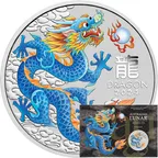 1 Unze Silbermünze Australien Lunar III Drache 2024 blau coloriert - Coincard