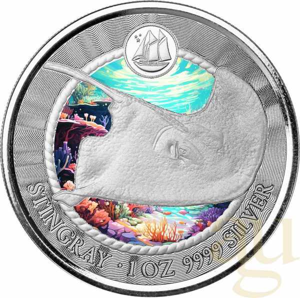 1 Unze Silbermünze Cayman Islands Stachelrochen 2023 - Coloriert