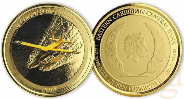 1 Unze Goldmünze EC8 St. Vincent & The Grenadines - Seaplane 2018 coloriert