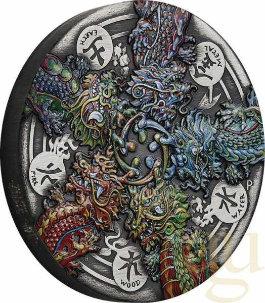5 Unzen Silbermünze Tuvalu - Der Drache und die fünf Elemente 2024 - Antik Finish - coloriert