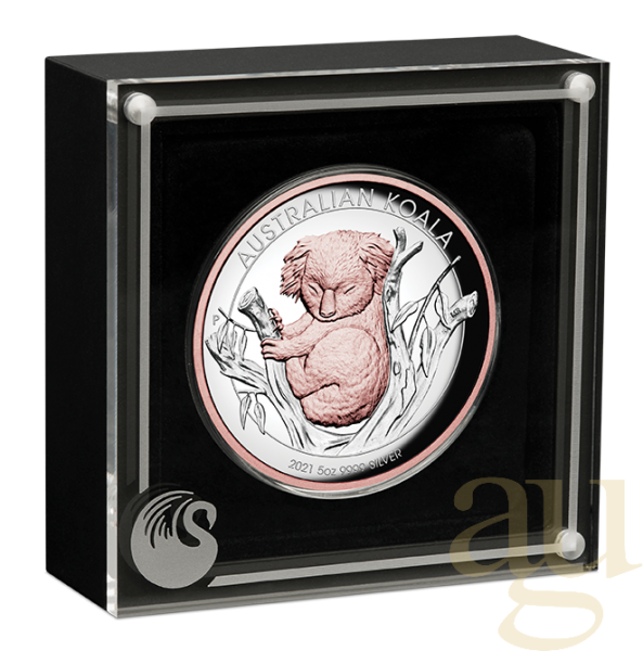 5 Unzen Silbermünze Australien Koala 2021 - High Relief - polierte Platte - rosè vergoldet