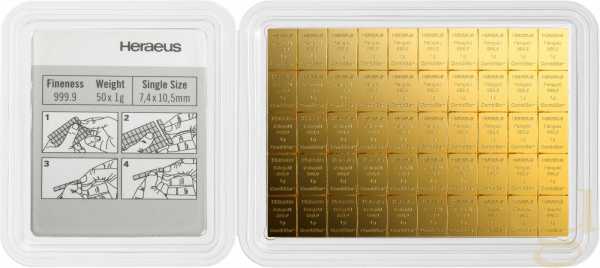 50 x 1g Gold Heraeus Combibarren / Goldtafel / Tafelbarren