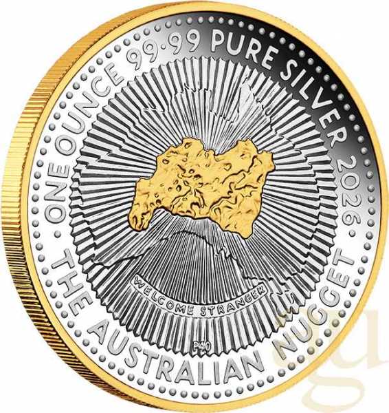 1 Unze Silbermünze Australien Nugget 40 Jahre 2026 - teilvergoldet
