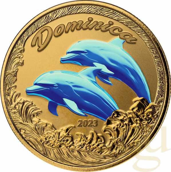 1 Unze Goldmünze EC8 Dominica - Delfin 2023 - coloriert