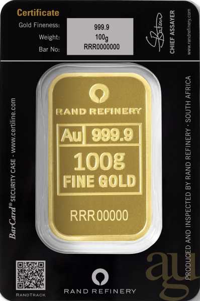 100 Gramm Goldbarren Rand Refinery - Elefant