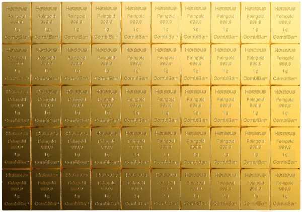 50 x 1g Gold Heraeus Combibarren / Goldtafel / Tafelbarren