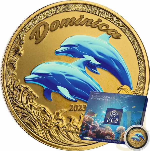 1 Unze Goldmünze EC8 Dominica - Delfin 2023 - coloriert