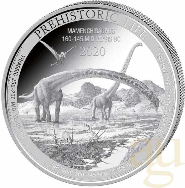 1 Unze Silbermünze Prehistoric Life - Mamenchisaurus 2020