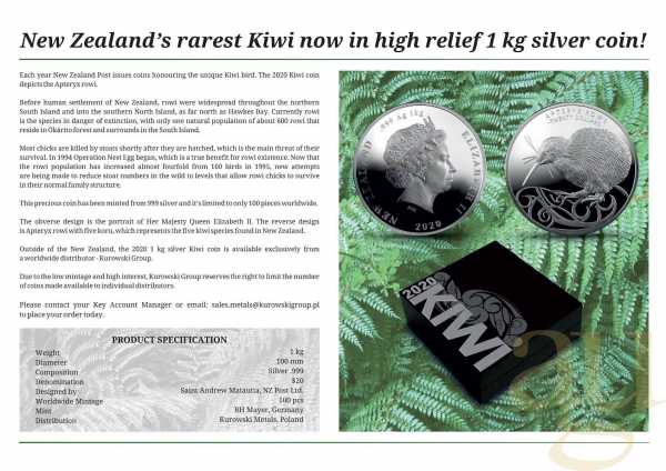 1 Kilogramm Silbermünze Neuseeland Kiwi 2020 - polierte Platte