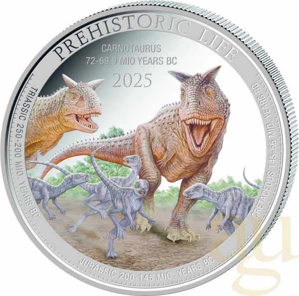 1 Unze Silbermünze Prehistoric Life II - Carnotaurus 2025 coloriert
