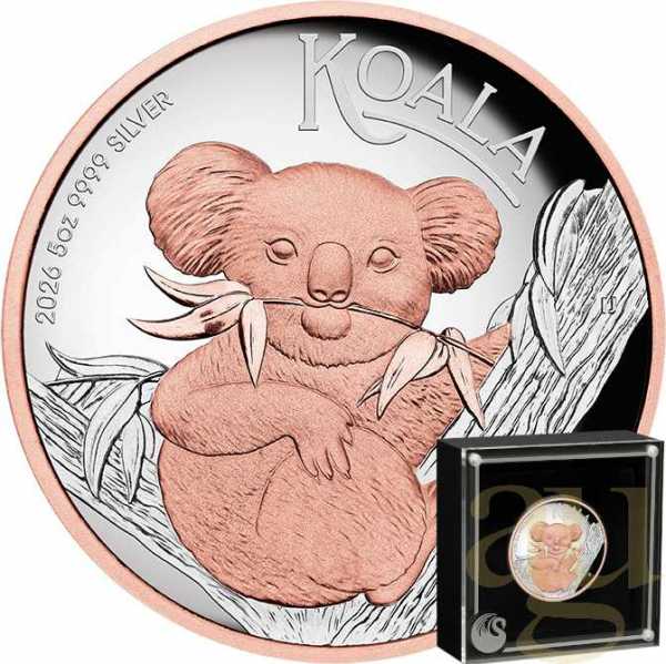 5 Unzen Silbermünze Australien Koala 2026 - High Relief - polierte Platte - rosè vergoldet