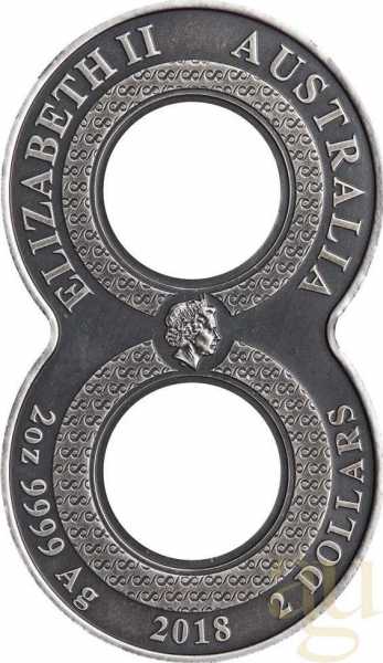 2 Unzen Silbermünze Australien Figure 8 Drache 2018 Antik Finish