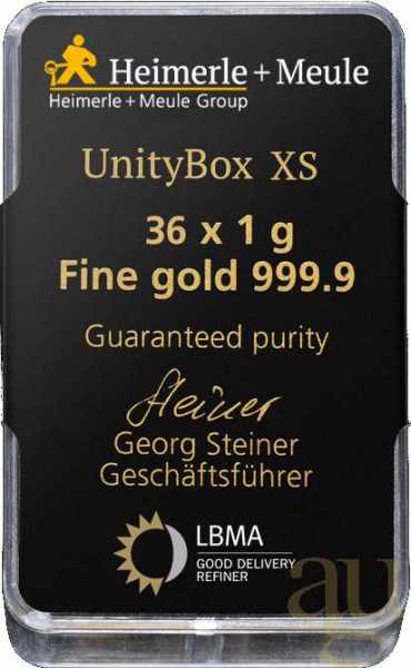36 x 1 Gramm Goldbarren Heimerle + Meule UnityBox