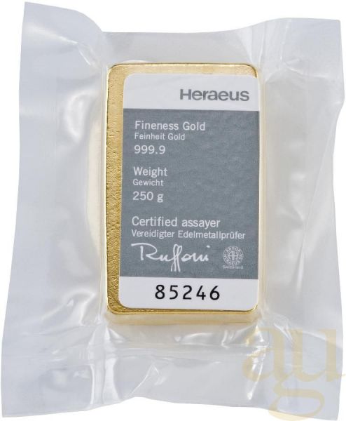 250 Gramm Goldbarren Heraeus