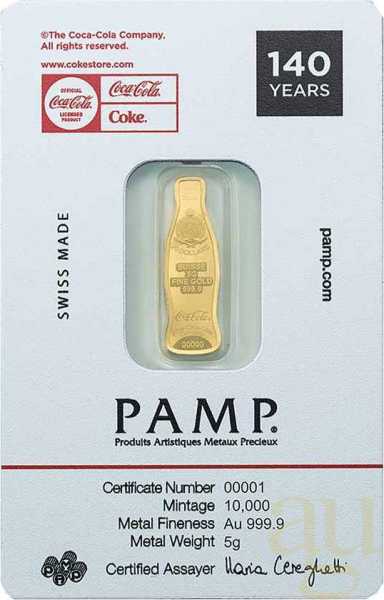 5 Gramm Goldbarren PAMP - Coca Cola 140 Years Anniversary