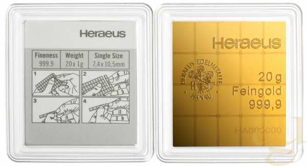 20 x 1g Gold Heraeus Combibarren / Goldtafel / Tafelbarren