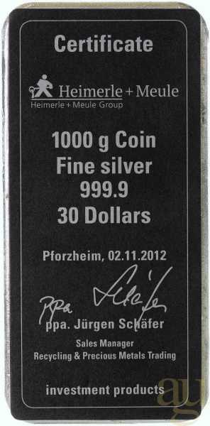 1 Kilogramm Silber Cook Islands Münzbarren gegossen