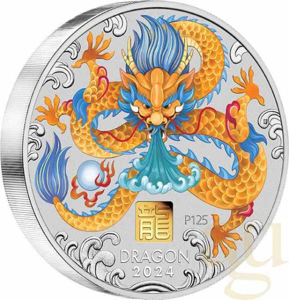 1 Kilogramm Silbermünze Australien Lunar III Drache 2024 - coloriert mit 1g Gold Privy Mark