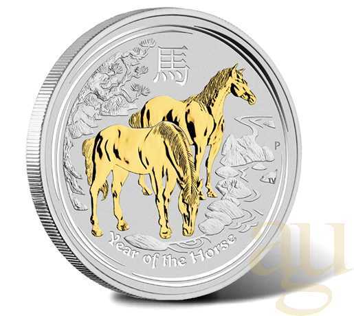 1 Unze Silber Australien Lunar II Pferd 2014 teilvergoldet + Box + Zertifikat