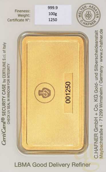 100 Gramm Goldbarren C. Hafner