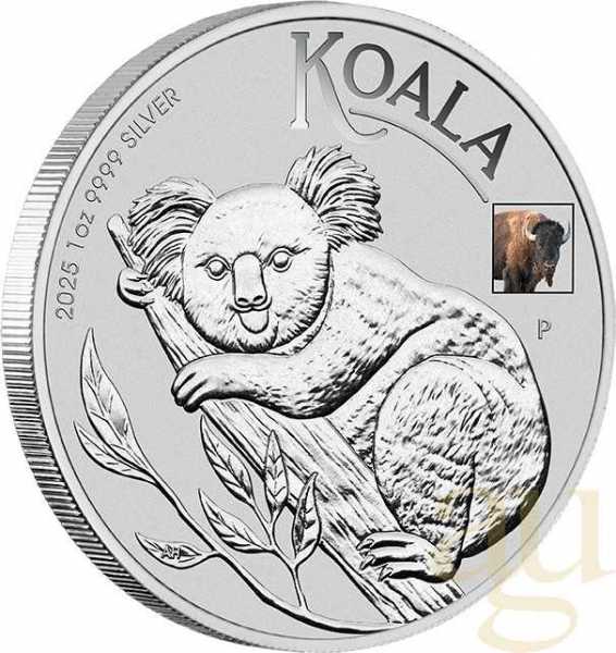 1 Unze Silbermünze Australien Koala 2025 ANA Bison Privy Mark coloriert - Coincard