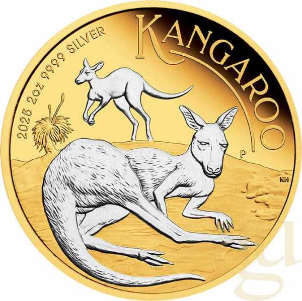 2 Unzen Silbermünze Australien Känguru 2025 teilvergoldet